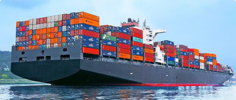 Ocean freight containers on a cargo ship.